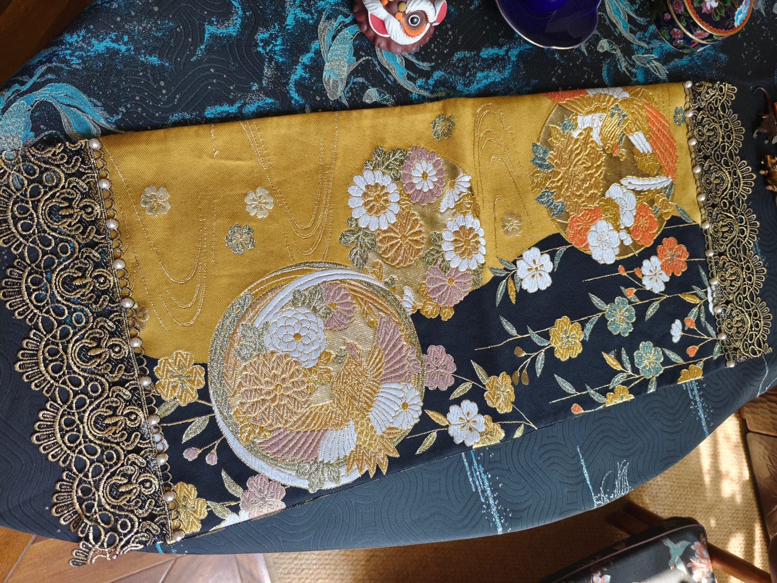 Bird & Chrysanthemum Nishijin Tea Mat — Pearl Lace Edge