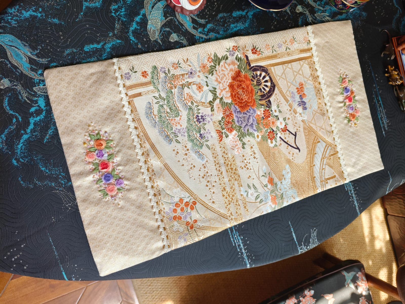 Carriage Roses Nishijin Tea Mat — Beaded 3D Embroidery