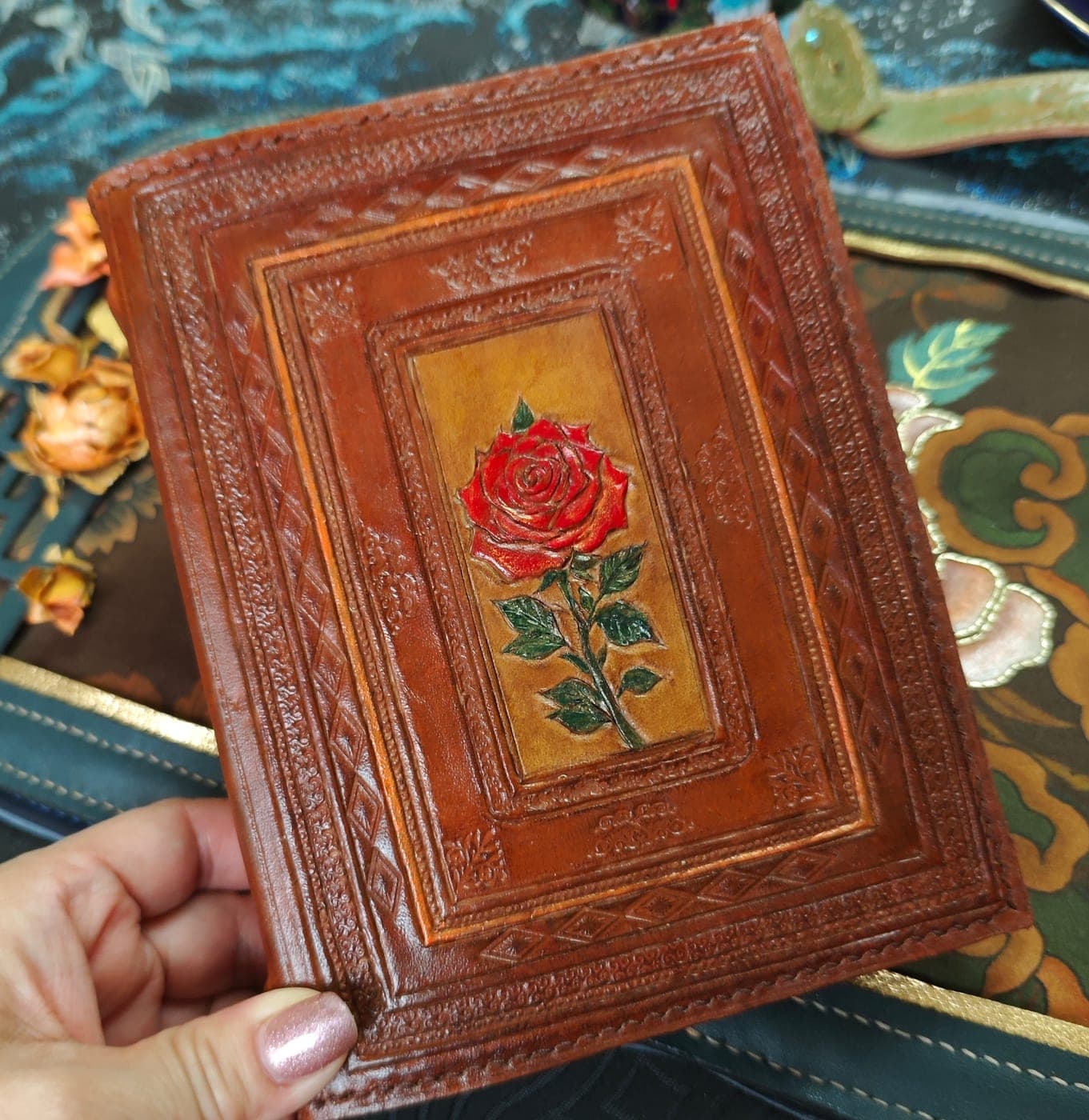 Carved Brown Rose Leather Journal