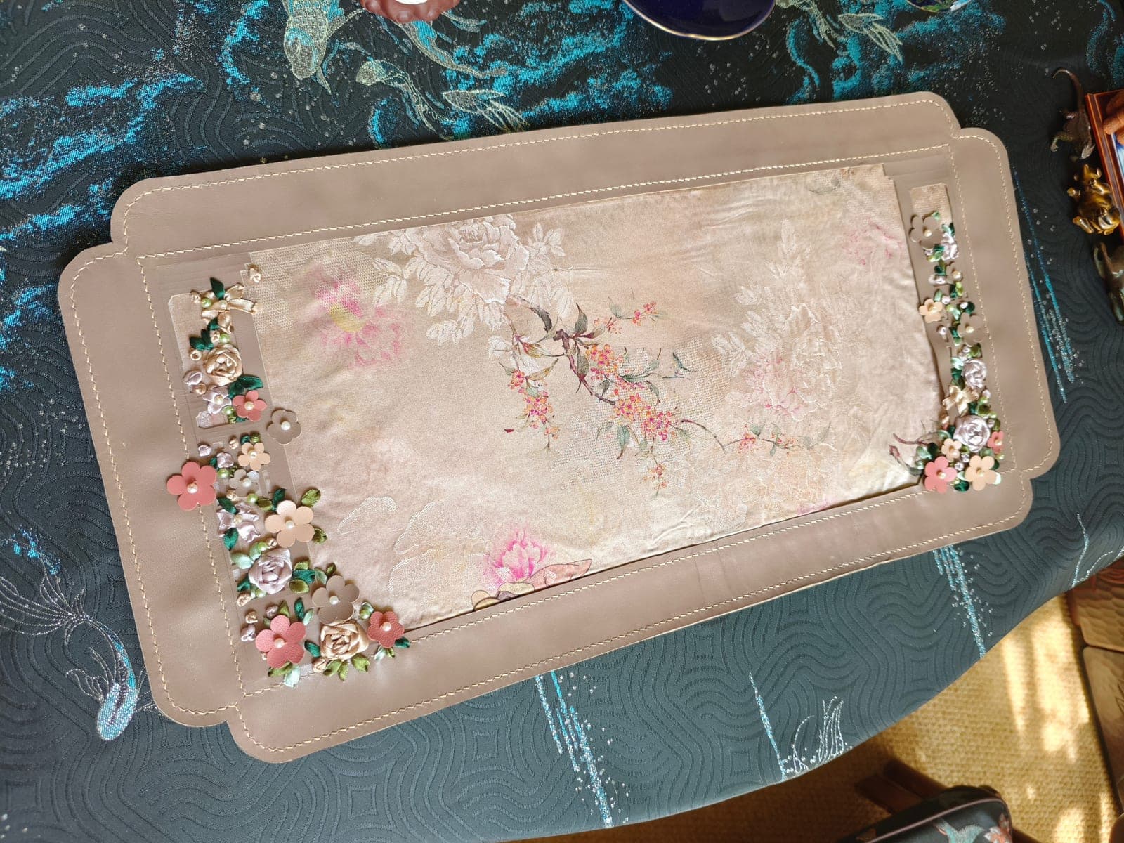 English Blooms Mixed Tea Mat — Carved Leather & Ribbon Beads