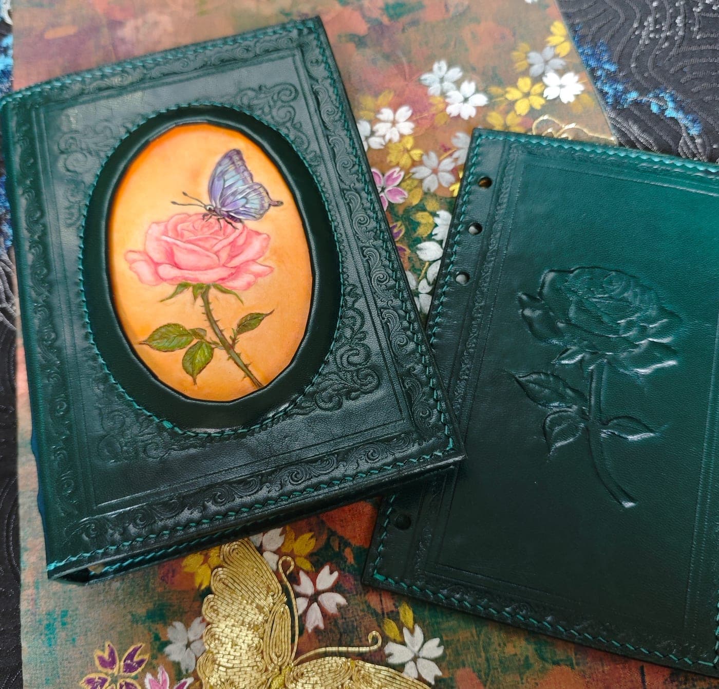 Forest-green Rose & Butterfly Leather Journal