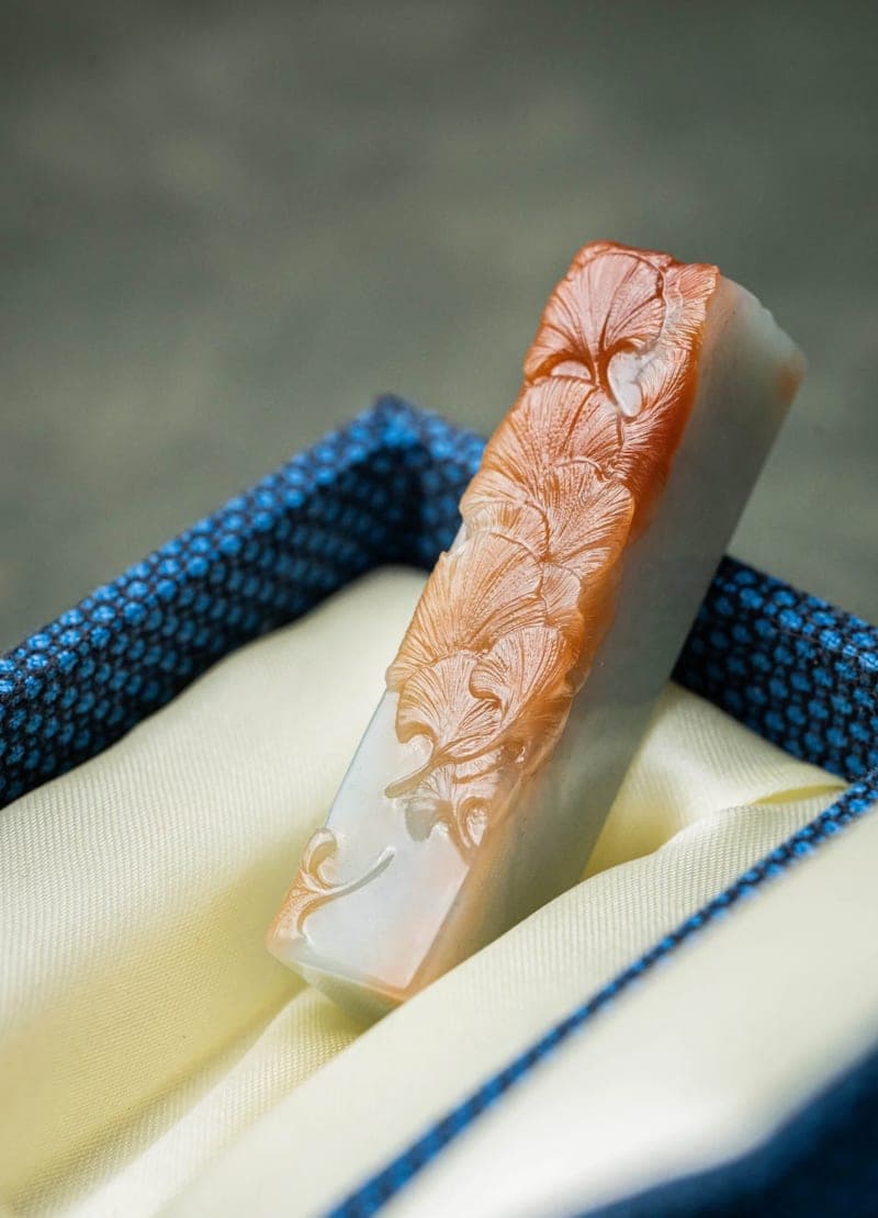 Ginkgo Leaf Carved Stone Seal — Blue Gift Box