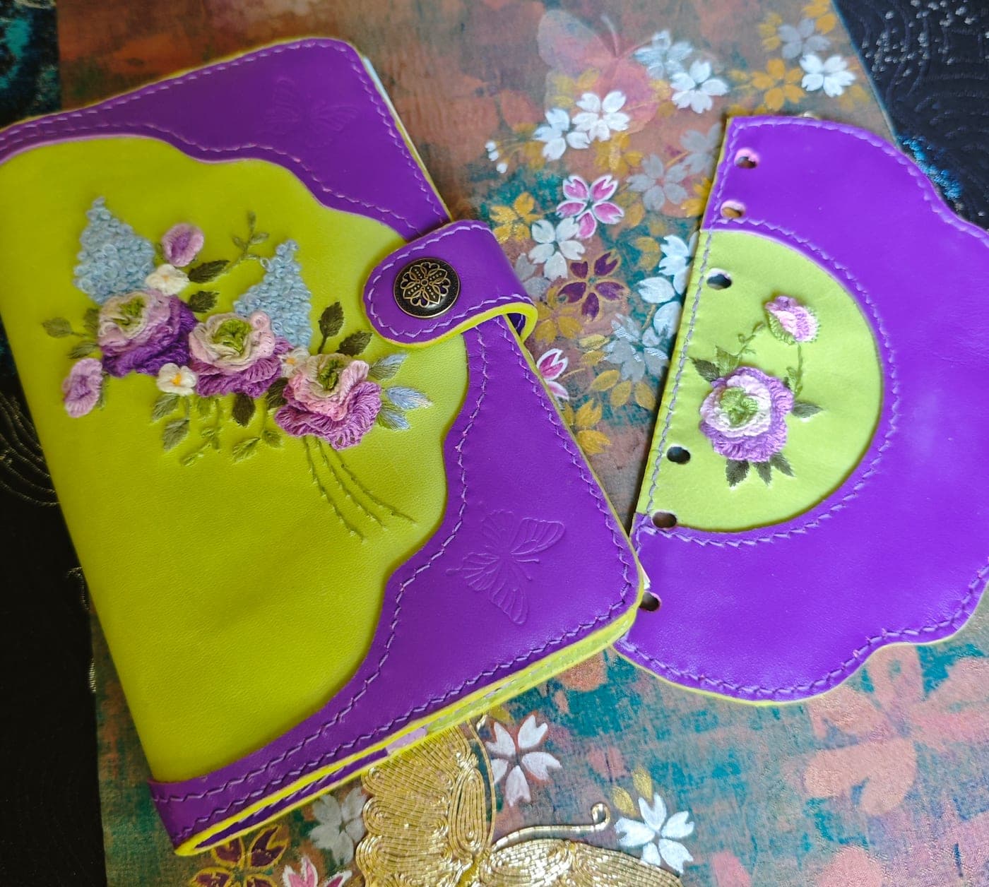 Lime & Purple Butterfly-Embroidered Leather Journal