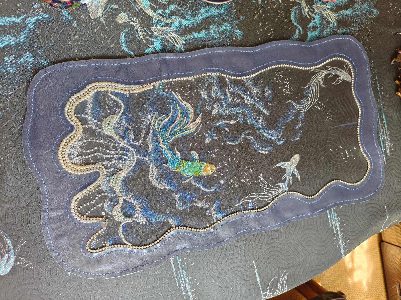 Northern Deep — Beaded Koi Song-Brocade Tea Mat