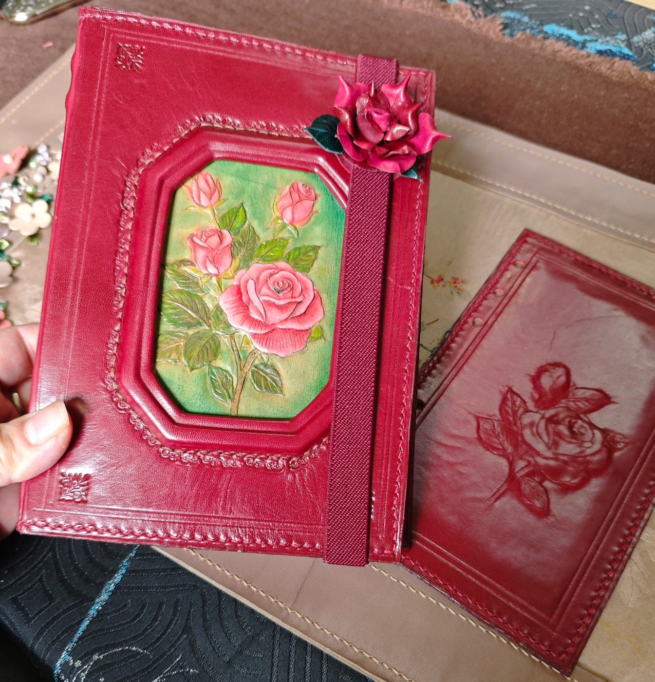 Wine-red Tooled Rose Leather Journal — A6 Cover