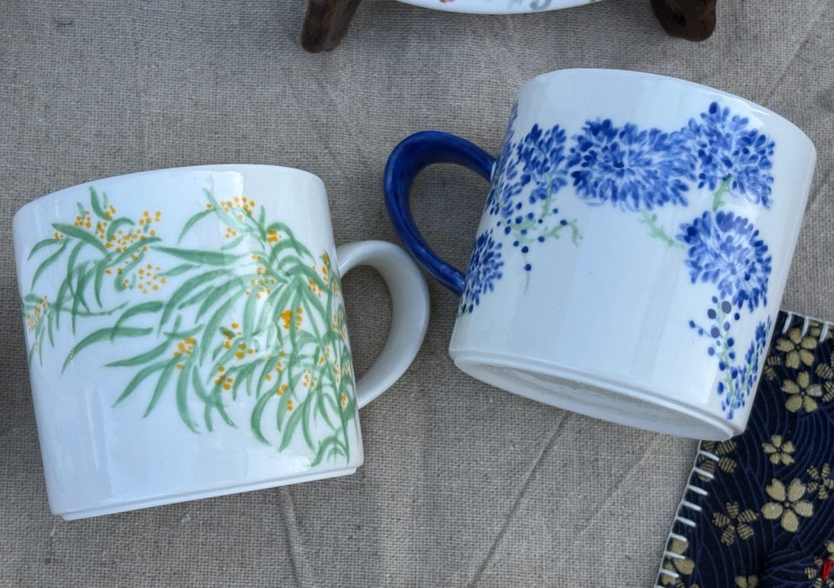 Handcrafted Floral Porcelain Mugs — Pair