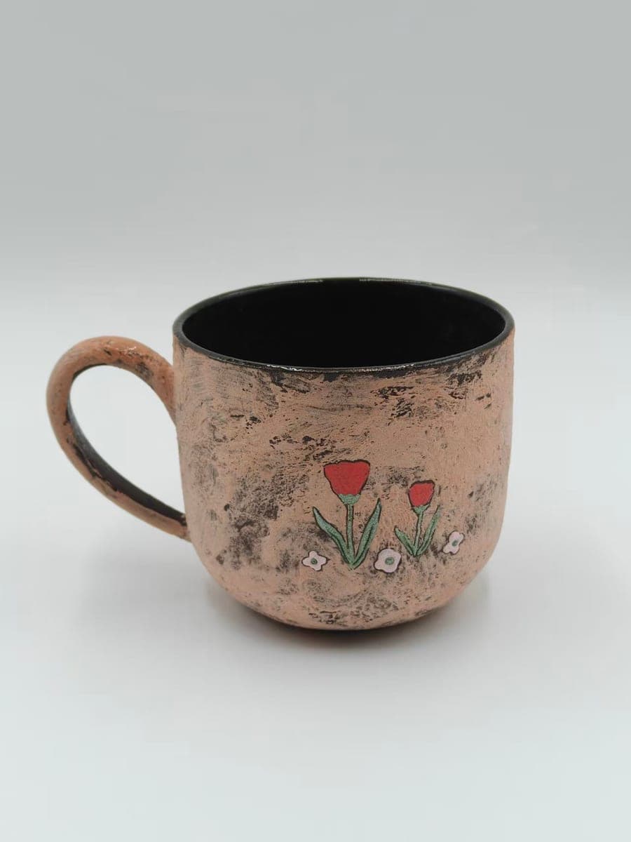 Rustic Ceramic Mug — Red Tulip Motif