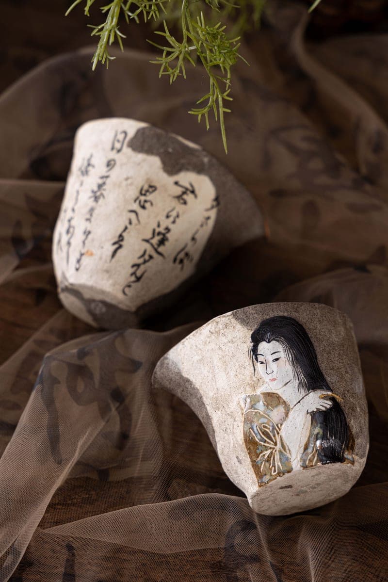 Hand-Painted Ceramic Fair Cups — Calligraphy & Beauty Pair