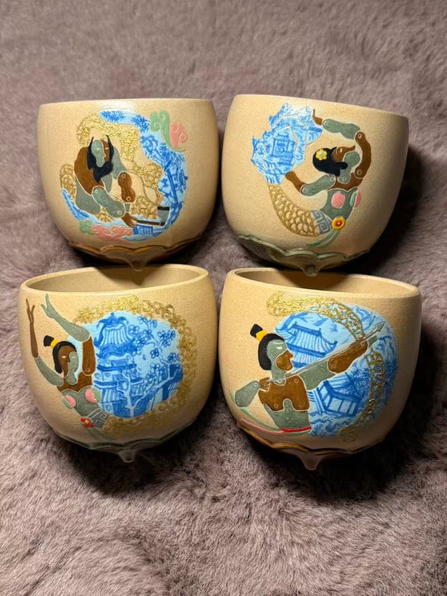 Painted Ceramic Tea Cups — Classical Scene Set of 4