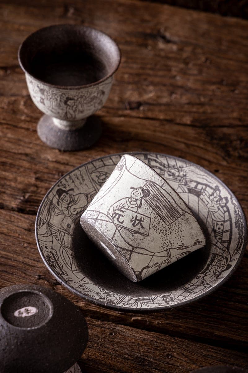 Engraved Ceramic Cup & Plate — Classical Scholars Scene