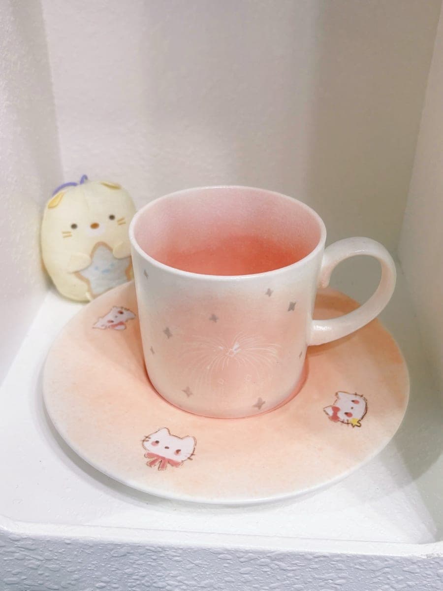 Pink Gradient Ceramic Cup & Saucer — Cute Cat Motif