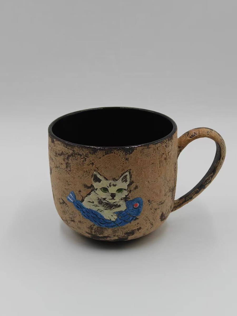 Handcrafted Ceramic Mug — Cat & Blue Fish Motif