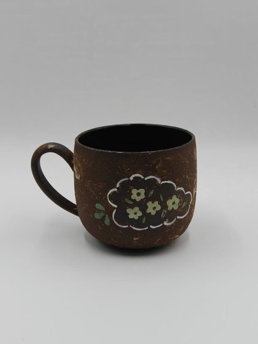 Dark Rustic Ceramic Mug — Flower Cluster Motif