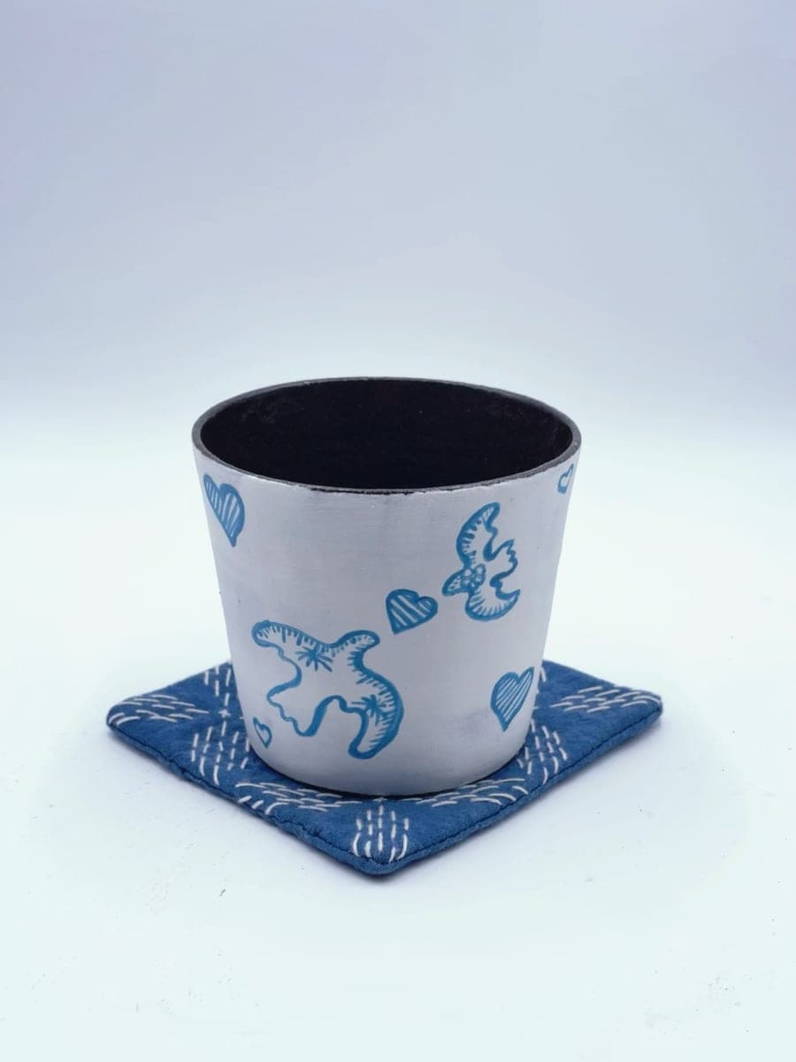 Bird & Heart Ceramic Cup — Blue Motif Planter Style