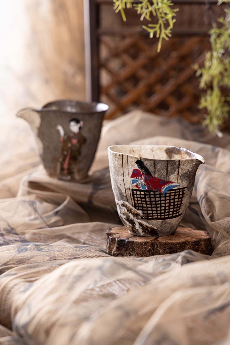 Ceramic Fair Cup Pair — Lattice Window Scene