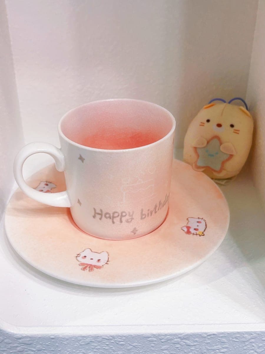 Pink Birthday Ceramic Cup & Saucer — Cute Cat Motif