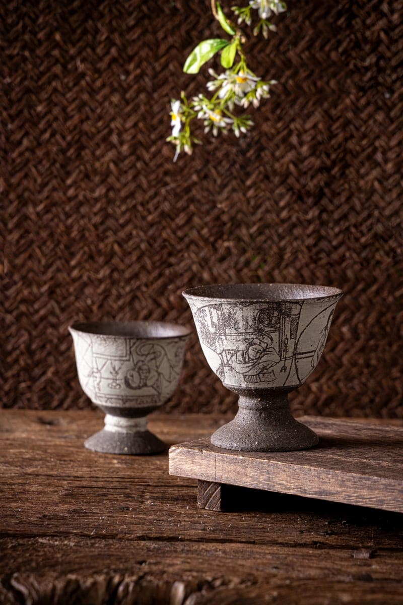 Engraved Ceramic Goblet Pair — Storyware Tea Cups