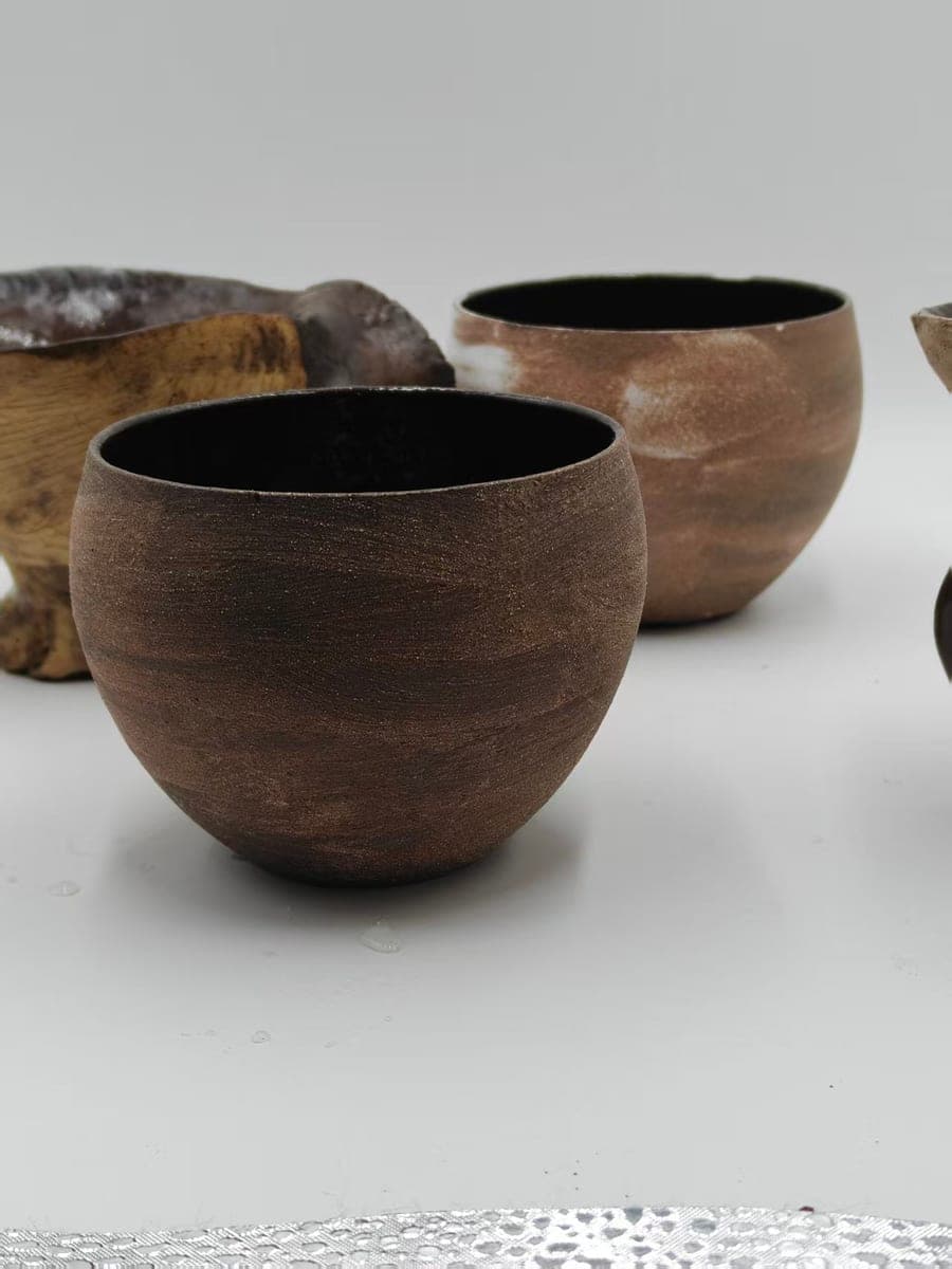 Wood-Tone Ceramic Tea Bowls — Handcrafted Pair Style