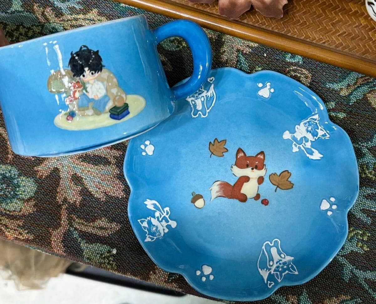 Blue Ceramic Cup & Fox Plate Gift Set