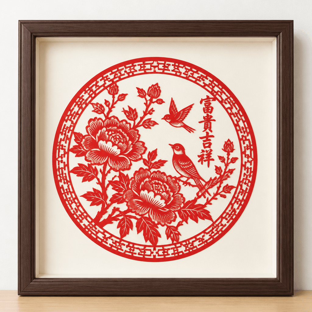 Framed Chinese Paper-Cut Art — Red Peony Paper Cut