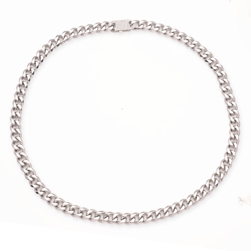 Cuban hex-cut necklace with CZ cowboy clasp, steel, 9mm, 61cm — factory photo of the listed piece.